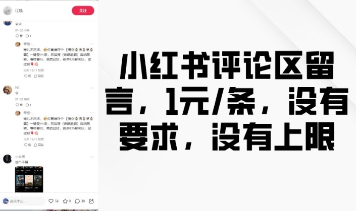 小红书评论区留言，1元条，没有要求，没有上限-韭菜网
